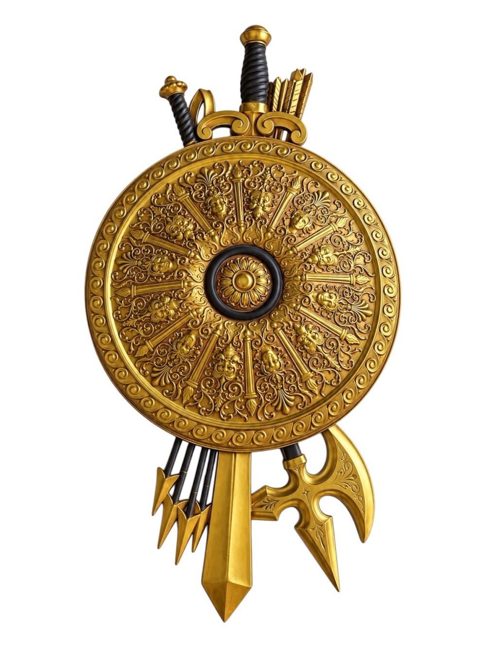 Vintage Syroco #7220 Gold Roman Greek Shield Swords Arrows Axe Wall Decor 30”